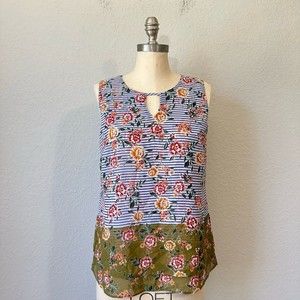 CAbi #5354 Penelope Striped Floral Sleeveless Blouse Tank Top
